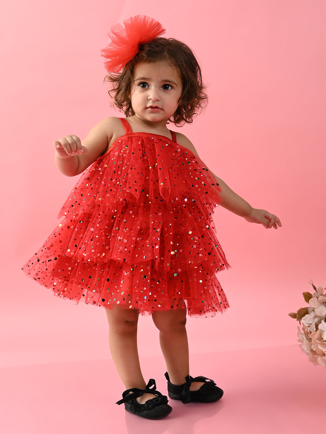 Saka Designs Girls Printed Party Frock With Layered - Red