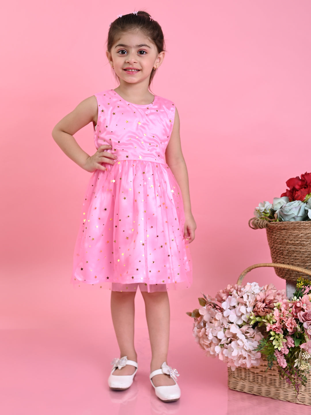 Saka Designs Girls Star Printed Party Frock - Pink