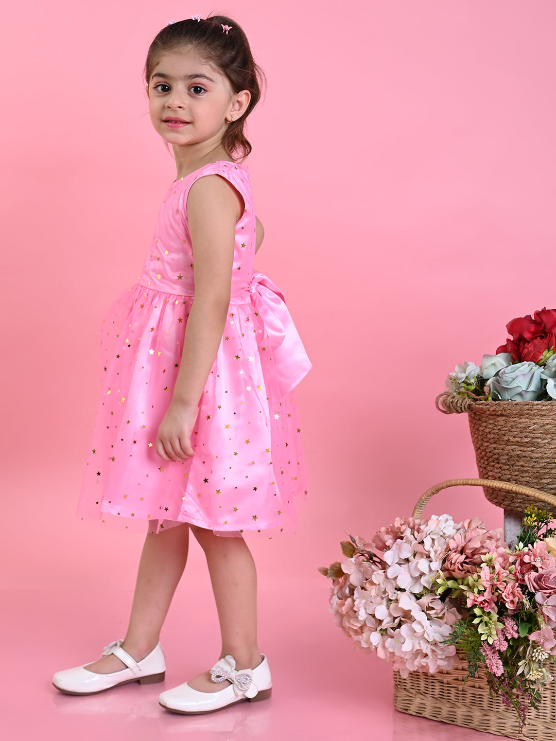 Saka Designs Girls Star Printed Party Frock - Pink