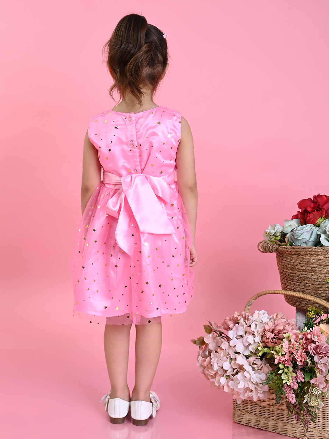 Saka Designs Girls Star Printed Party Frock - Pink