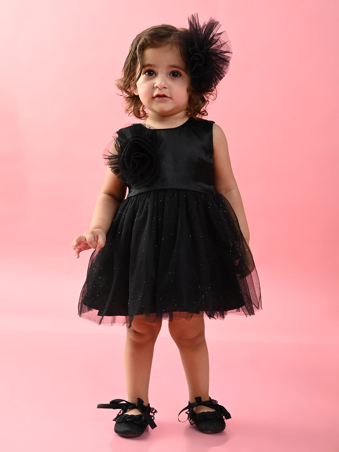 Saka Designs Girls Shimmer Printed Party Frock - Black