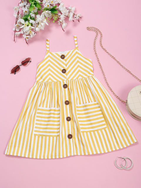 Saka Designs Pure Cotton Striped Yellow & White Shoulder Straps A-line dress