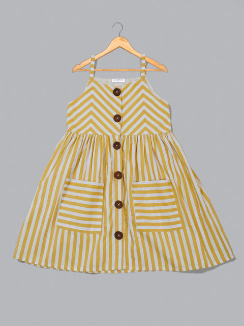 Saka Designs Pure Cotton Striped Yellow & White Shoulder Straps A-line dress
