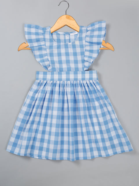 Saka Designs Pure Cotton Blue & White Check Ruffled Fit and Flare Dress for girls