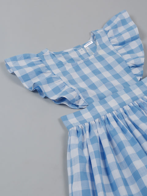 Saka Designs Pure Cotton Blue & White Check Ruffled Fit and Flare Dress for girls