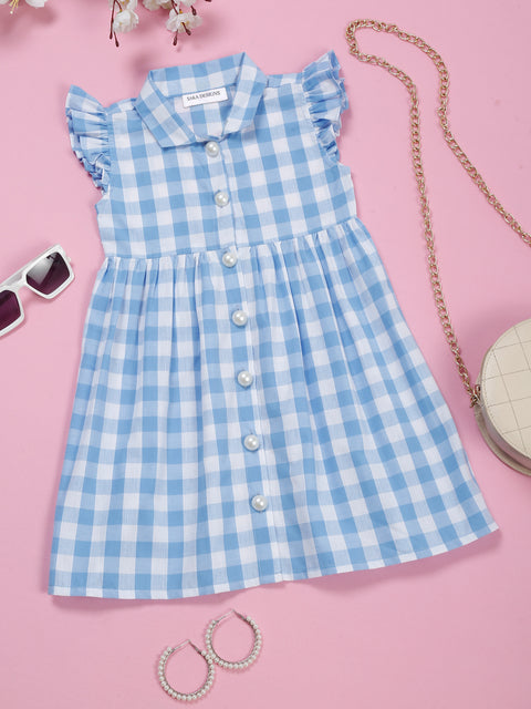 Saka Designs Pure Cotton Blue & White Check Collar Shirt Dress