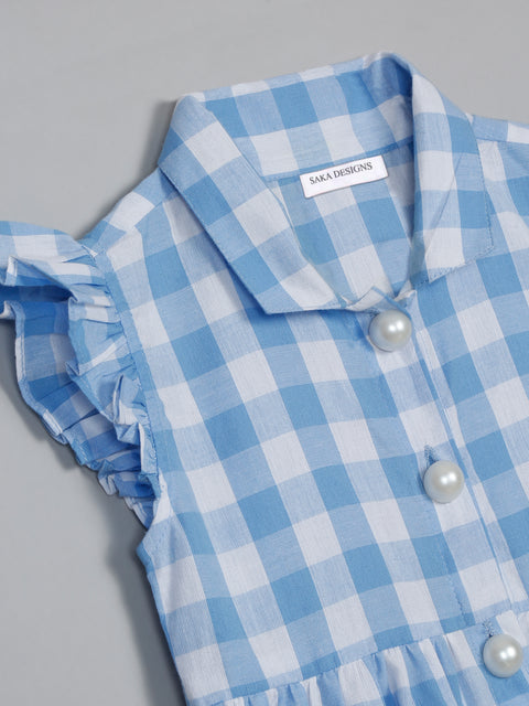 Saka Designs Pure Cotton Blue & White Check Collar Shirt Dress