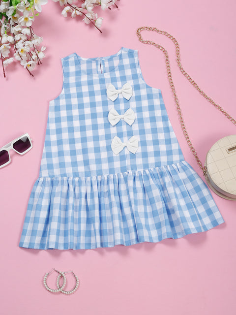 Saka Designs Pure Cotton Blue & White Check Bow attached Dress For Girls