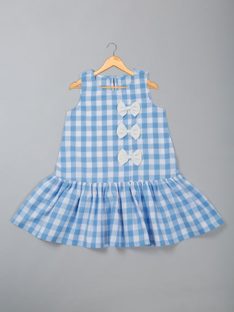 Saka Designs Pure Cotton Blue & White Check Bow attached Dress For Girls