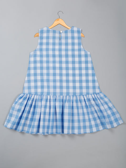 Saka Designs Pure Cotton Blue & White Check Bow attached Dress For Girls