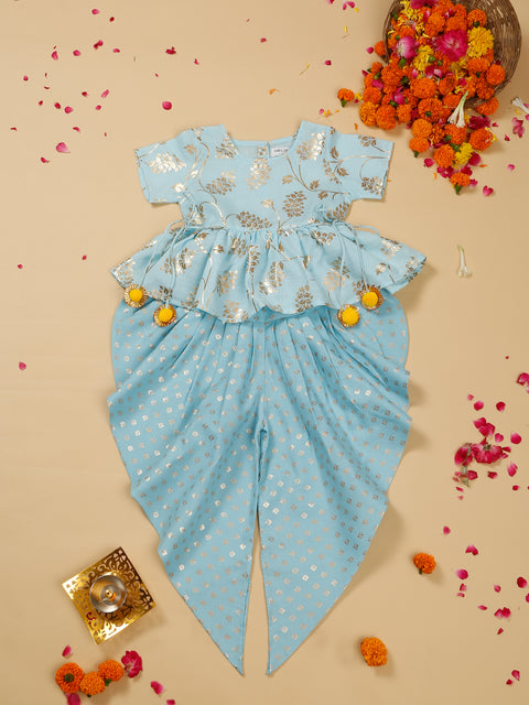 saka-designs-girls-cotton-blend-foil-printed-jhabla-with-dhoti-ensemble
