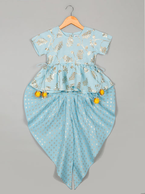 saka-designs-girls-cotton-blend-foil-printed-jhabla-with-dhoti-ensemble