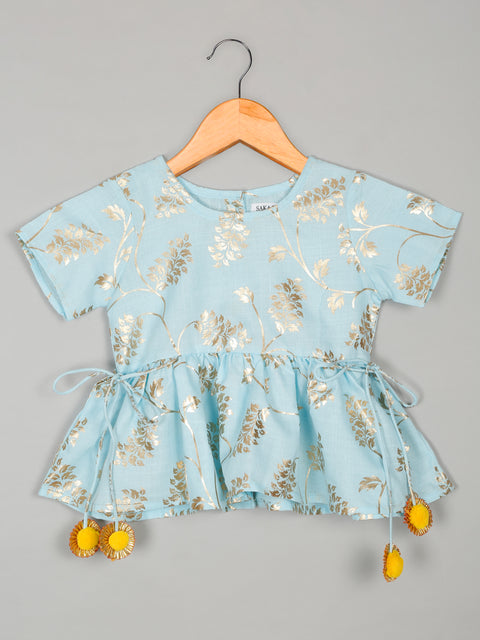 saka-designs-girls-cotton-blend-foil-printed-jhabla-with-dhoti-ensemble