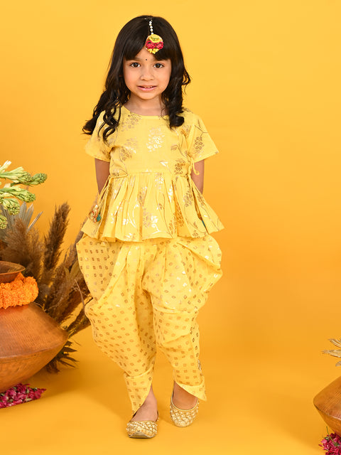 Saka Designs Yellow With Gold Print Dhoti Jhabala