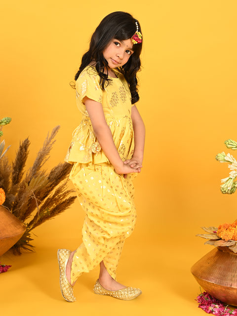 Saka Designs Yellow With Gold Print Dhoti Jhabala