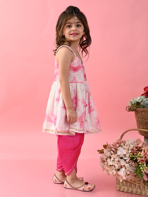 Saka Designs Girl's Tie & Dye Pink & White Jhabla and Dhoti