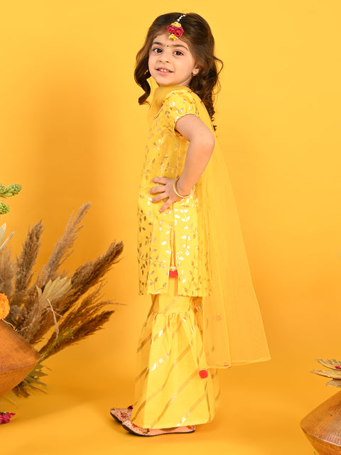 Saka Designs Girls Yellow Printed Kurta Sharara With Dupatta