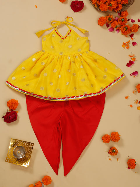 Saka Designs Yellow and Red Halter Neck Dhoti Jhabla