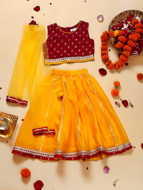 Saka Designs Girls Floral Printed Lehenga Choli With Dupatta - Maroon & Yellow
