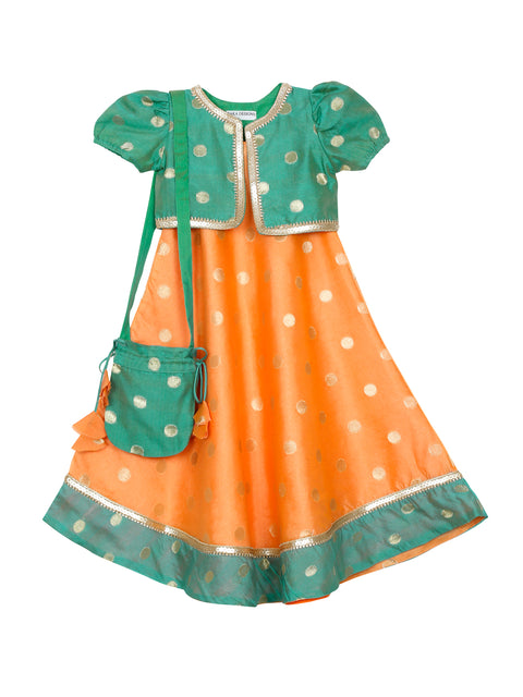 Saka Designs Girl's Maxi Gown Jacket and a Pouch - Orange & Green