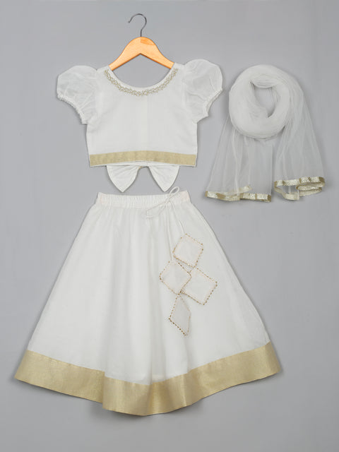 Saka Designs White Lehenga Choli with Dupatta Adorned with Golden Border for girls