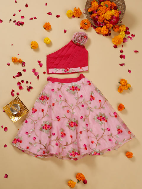 Saka Designs Girl's Embroidered Pink and Magenta Organza Lehenga Choli