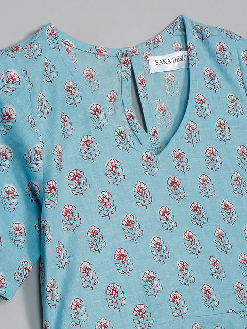 saka-designs-girls-cotton-printed-v-neck-knee-length-half-sleeves-a-line-kurta-blue