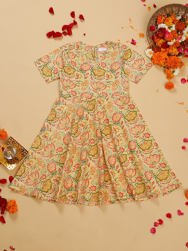 saka-designs-girls-cotton-printed-v-neck-knee-length-half-sleeves-a-line-kurta-green