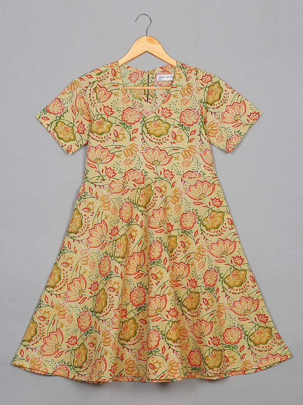 saka-designs-girls-cotton-printed-v-neck-knee-length-half-sleeves-a-line-kurta-green