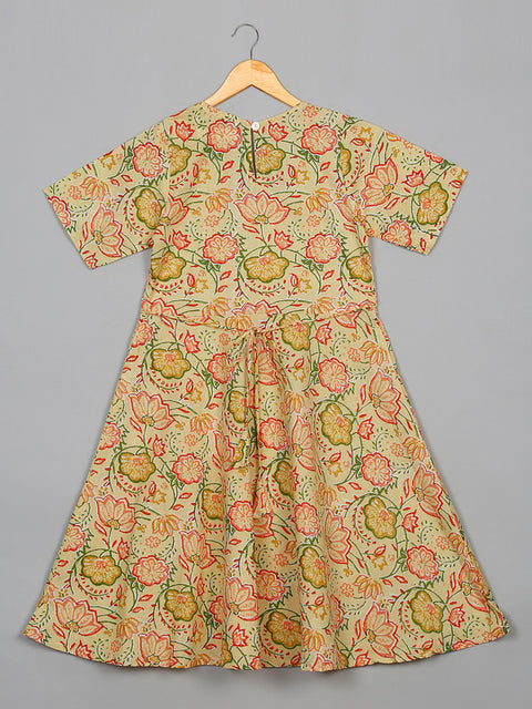 saka-designs-girls-cotton-printed-v-neck-knee-length-half-sleeves-a-line-kurta-green