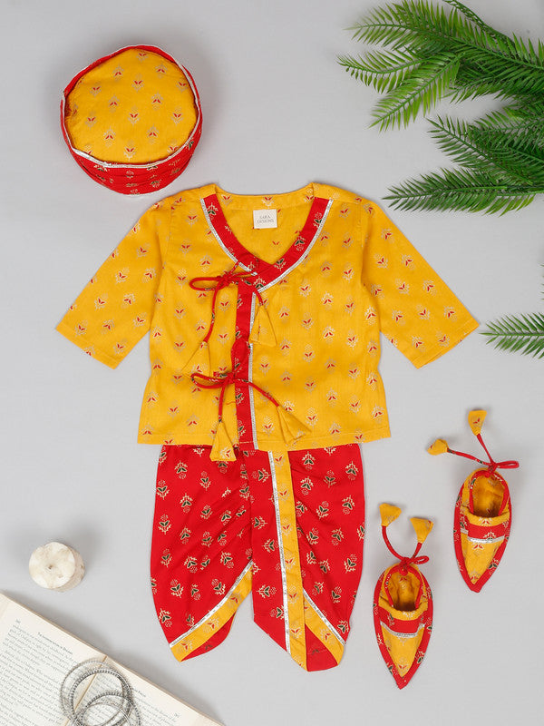 saka-designs-woven-full-sleeves-kurta-dhoti-set-with-cap-booties-bandhani-print-red-yellow