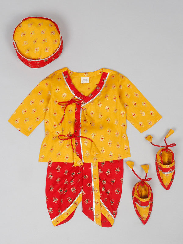 saka-designs-woven-full-sleeves-kurta-dhoti-set-with-cap-booties-bandhani-print-red-yellow