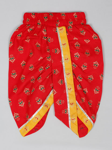 Saka Designs Woven Full Sleeves Kurta & Dhoti Set with Cap & Booties Bandhani Print - Red & Yellow
