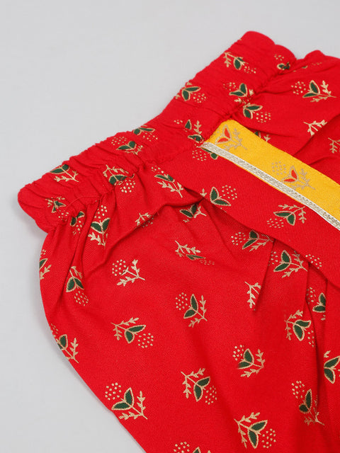 Saka Designs Woven Full Sleeves Kurta & Dhoti Set with Cap & Booties Bandhani Print - Red & Yellow