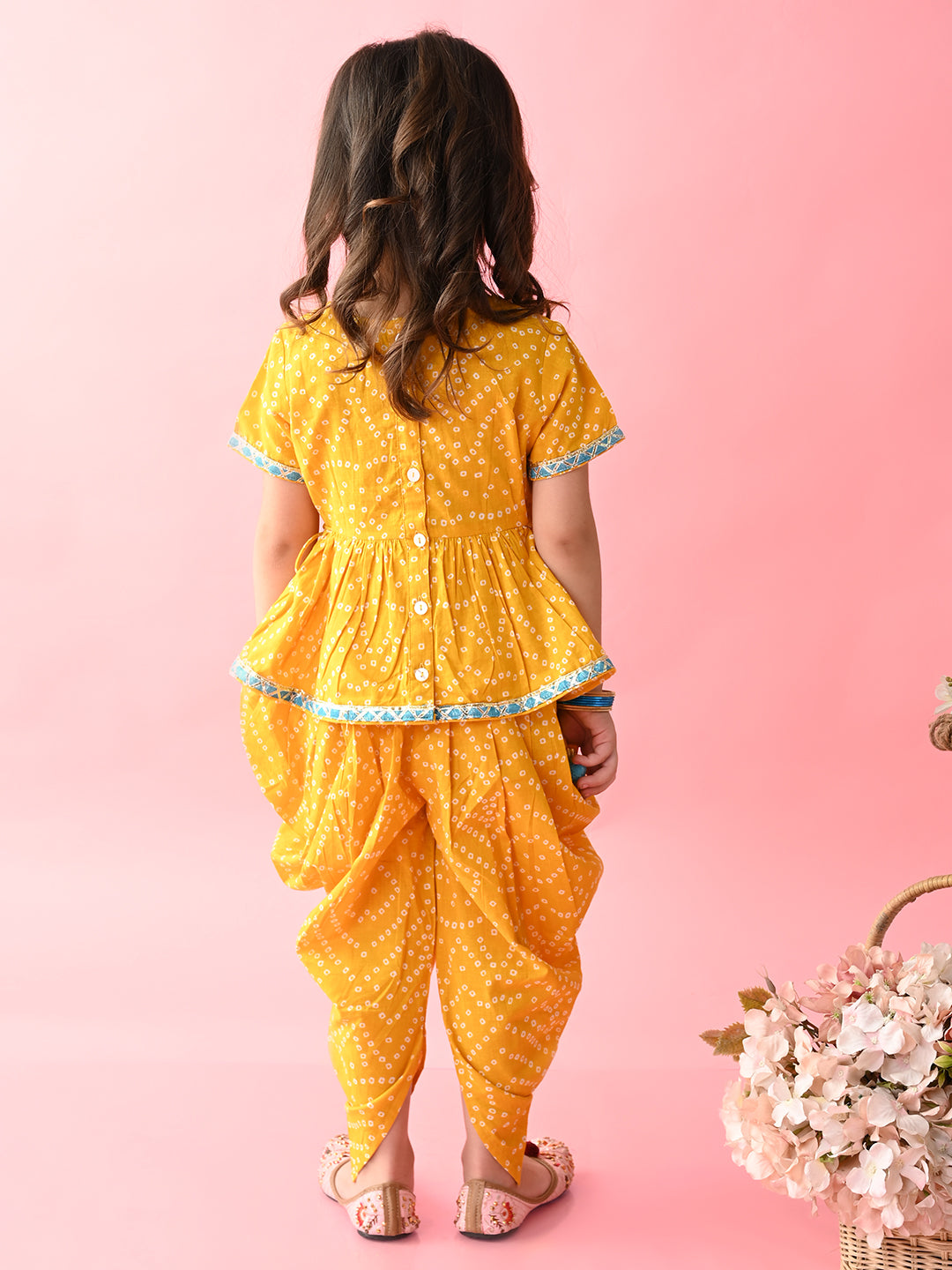 Saka Designs Bandhani Yellow Cotton Printed Kurta Dhoti For Girls