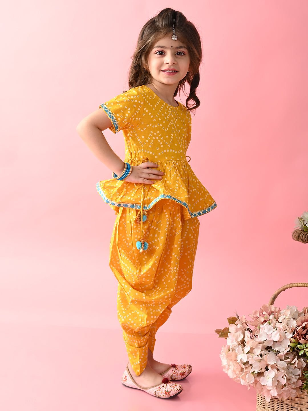 Saka Designs Bandhani Yellow Cotton Printed Kurta Dhoti For Girls