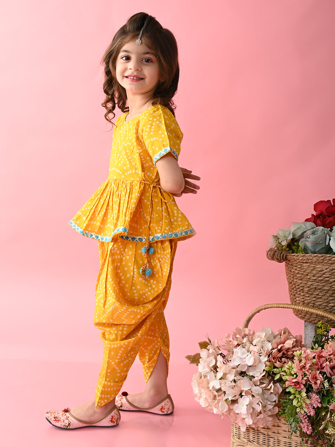 Saka Designs Bandhani Yellow Cotton Printed Kurta Dhoti For Girls