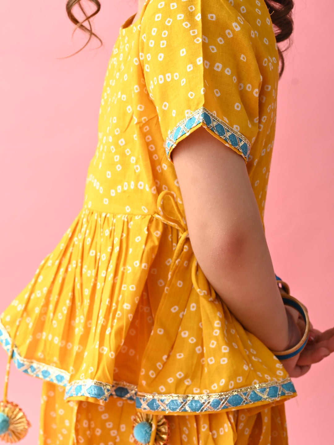 Saka Designs Bandhani Yellow Cotton Printed Kurta Dhoti For Girls