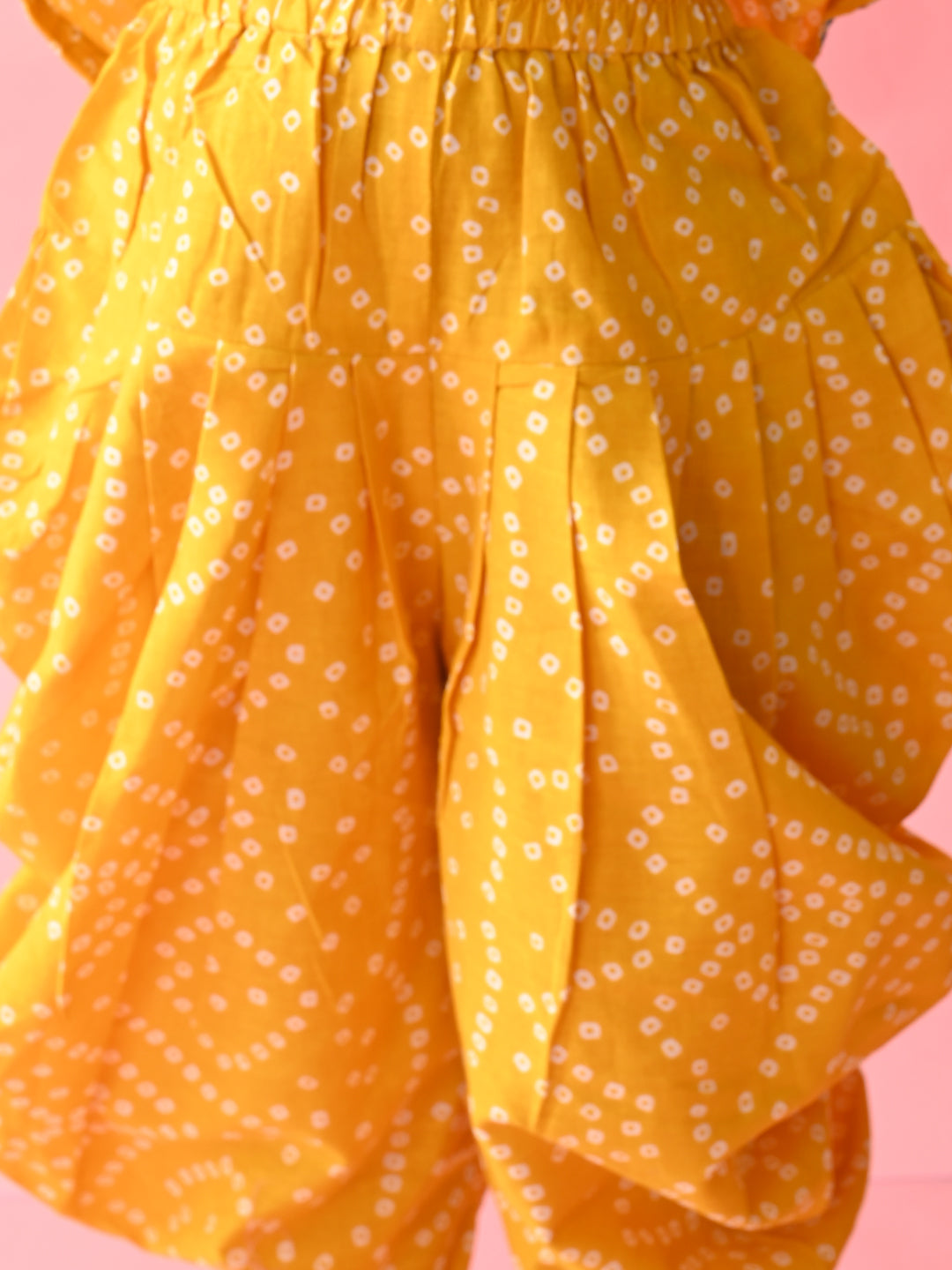 Saka Designs Bandhani Yellow Cotton Printed Kurta Dhoti For Girls
