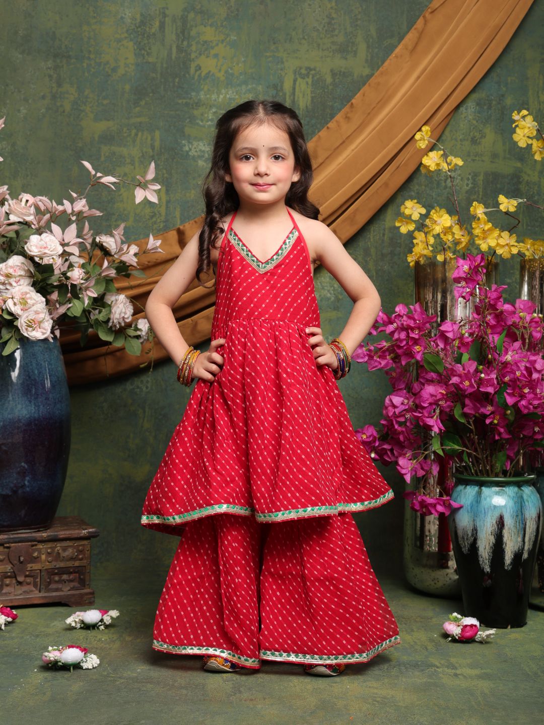girls-red-bandhani-halter-kurti-with-layered-sharara