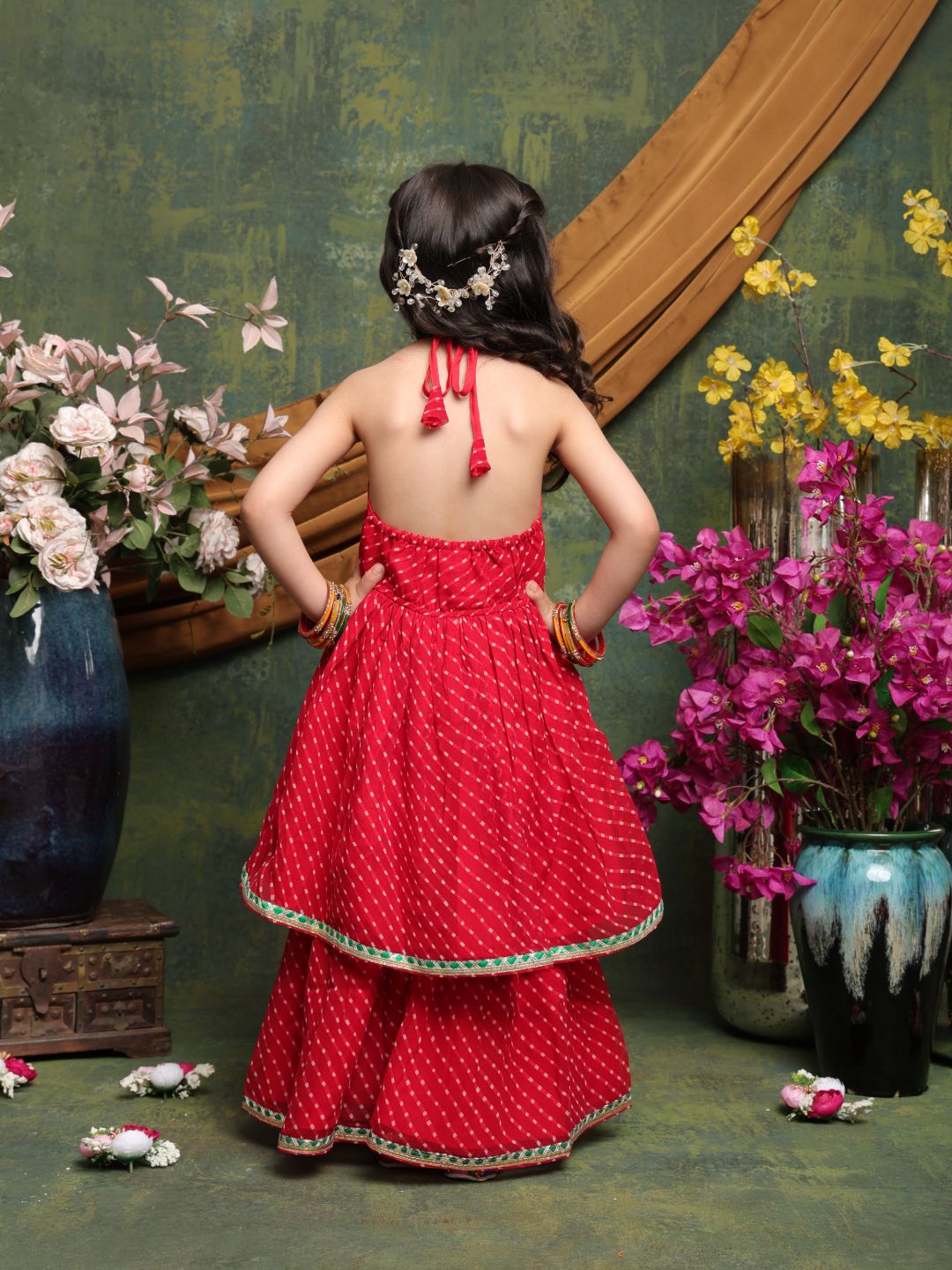 girls-red-bandhani-halter-kurti-with-layered-sharara