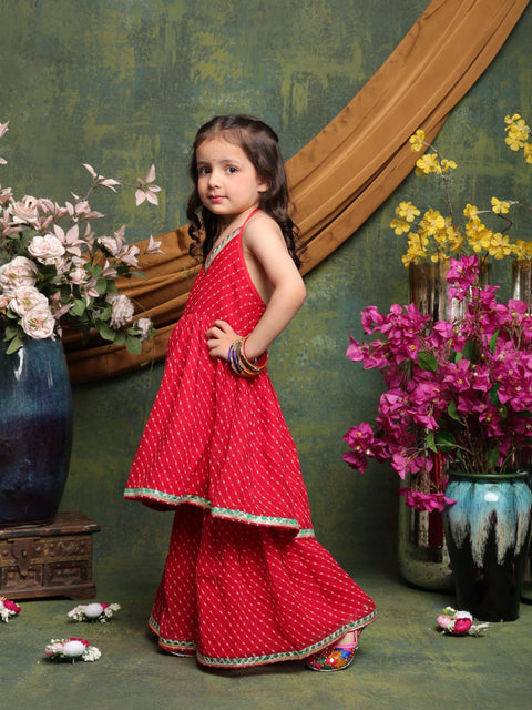 girls-red-bandhani-halter-kurti-with-layered-sharara