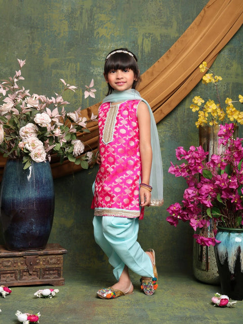 vibrant-magenta-blue-patiala-suit-for-girls-brocade-kurti-dhoti-pants-dupatta-saka-designs