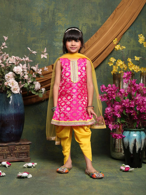 vibrant-magenta-yellow-patiala-suit-for-girls-brocade-kurti-with-dhoti-pants-dupatta-saka-designs