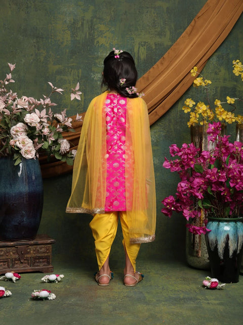 vibrant-magenta-yellow-patiala-suit-for-girls-brocade-kurti-with-dhoti-pants-dupatta-saka-designs