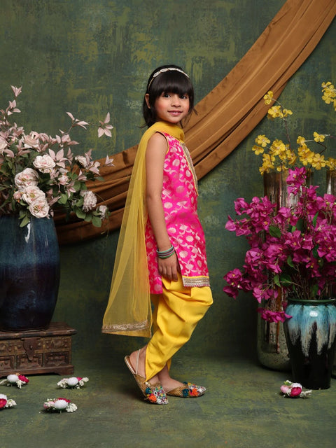 vibrant-magenta-yellow-patiala-suit-for-girls-brocade-kurti-with-dhoti-pants-dupatta-saka-designs