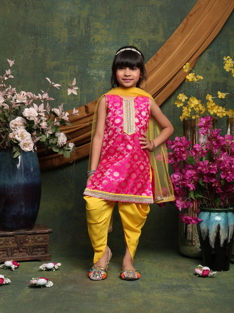 vibrant-magenta-yellow-patiala-suit-for-girls-brocade-kurti-with-dhoti-pants-dupatta-saka-designs