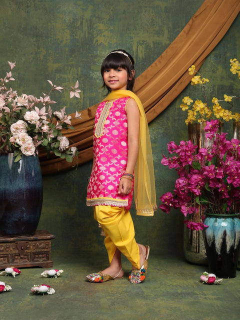 vibrant-magenta-yellow-patiala-suit-for-girls-brocade-kurti-with-dhoti-pants-dupatta-saka-designs