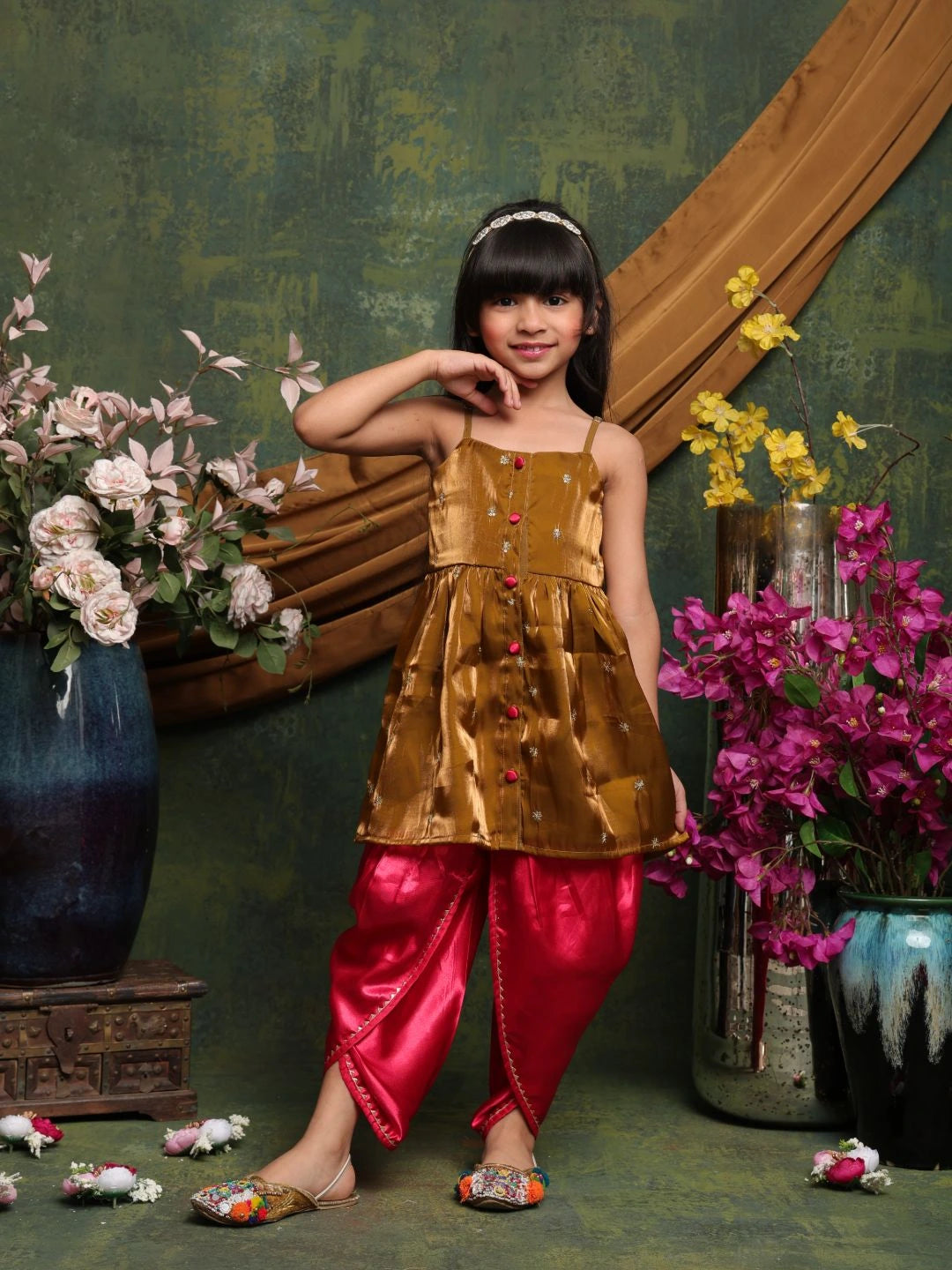 girls-mustard-kurti-pink-dhoti-set