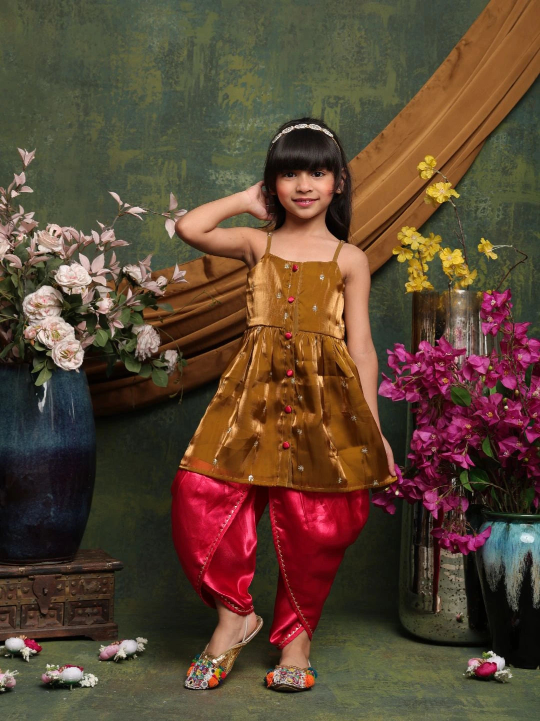 girls-mustard-kurti-pink-dhoti-set